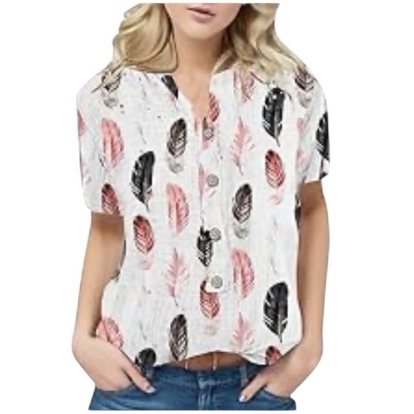 Women's Feather Print Button-Up Top. White Pink Size 3X #1493 - Picture 1 of 6